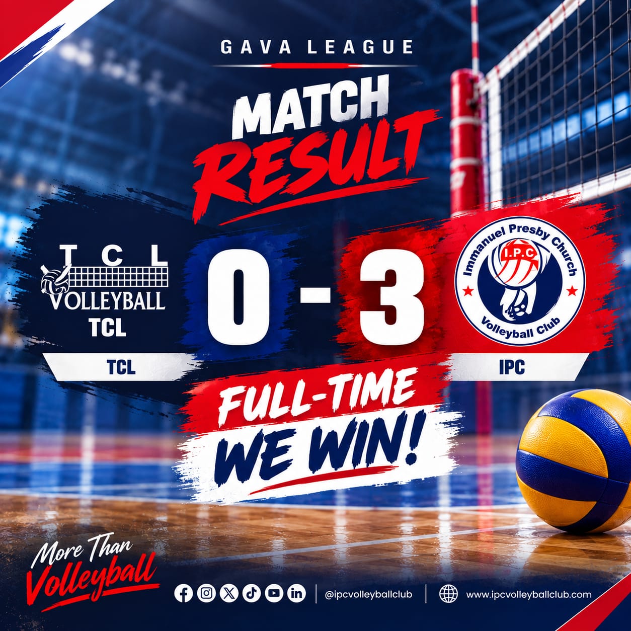 GAVA League full-time match result graphic showing TCL 0-3 IPC Volleyball Club