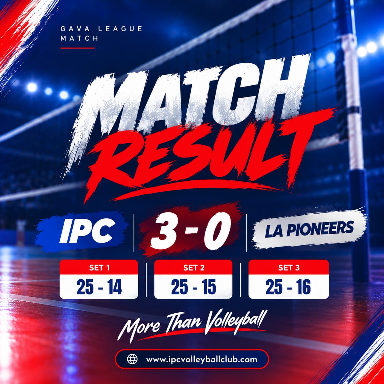 GAVA League full-time match result graphic showing IPC 3-0 La Pioneers with set scores 25-14, 25-15 and 25-16